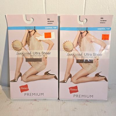 2 Pairs Hanes Premium XXL Sunkissed Ultra Sheer Control Top Pantyhose - Bronze