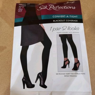 Hanes Silk Reflections Convert-a-Tight Control Top Black Tights Size: IJ