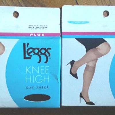 Lot Of 2 - Leggs Day Sheer Plus Size, Jet Black Knee Highs. 3pairs Per Box. New!