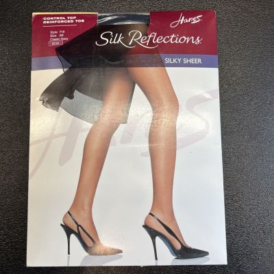 Silk Reflections Control-Top Reinforced Toe Pantyhose Size AB, Navy, New Sealed