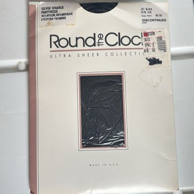 Round the Clock Panty Hose SILVER SPARKLE Jet Black Ultra Sheer Size A/B 1990