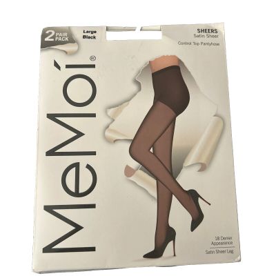 MeMoi Sheers Satin Sheer Control Top Pantyhose Large Black 2 Pair Pack 18 Denier