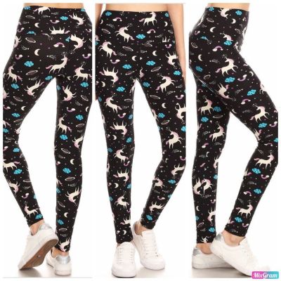 Unicorn Rainbows Black White Yoga Style Leggings One Size NEW