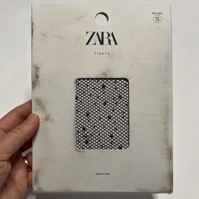 Zara 40 Denier Black Fishnet Rhinestone Tights Size Small Elegant New in Package