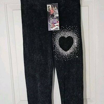 Paris Angel Capri Leggings Womens S Gray Y2K Bling Filigree Faded Grunge Emo