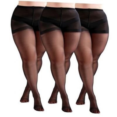 3 Pairs Plus Size Women’s Sheer Tights 20D High Waist 3X-Large Plus Black