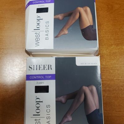 2 Boxes of 3 Pairs: West Loop Off Black Control Top Size B Sheer Pantyhose R7P3b