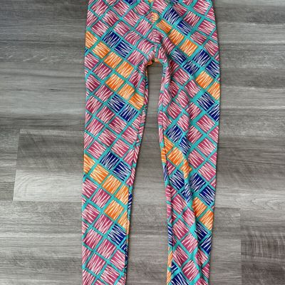 LulaRoe Colorful Square Leggings O/S Orange Pink Blue S Stretch Pants