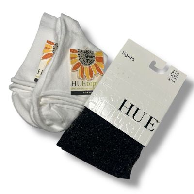 Huetopia Roll Top Shortie Socks 2 Pair White With Black Gold Metallic S/M Tight