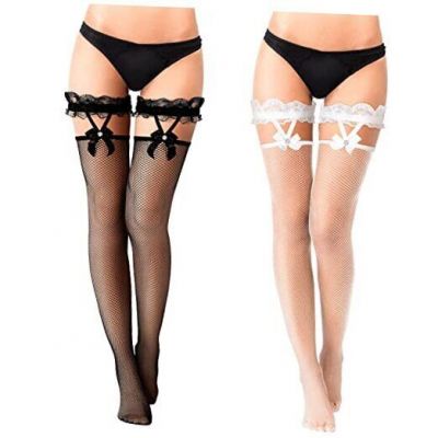 2 Pairs Lace Top Fishnet Stockings Bow Suspenders Thigh Large Black, White