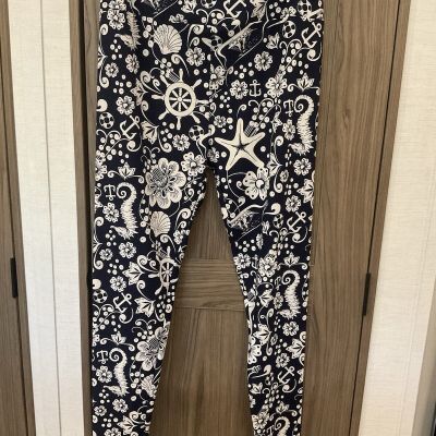 LULAROE Womens Blue Leggings W/ Shells & Flowers Size TC (Tall & Curvy ) 10-24