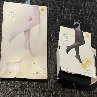 A New Day 2 Pairs Opaque Tights In White & Black Size S/M