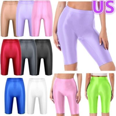 US Women Sexy Glossy Shiny Shorts Tights Short Pants Yoga Active Biker Sports