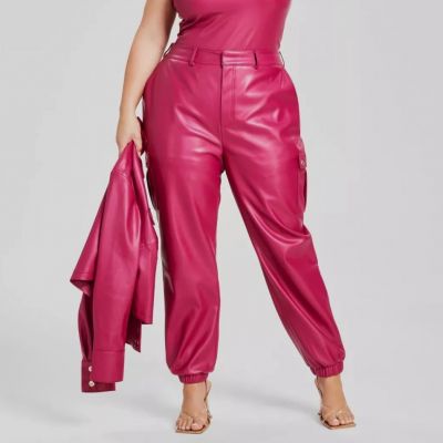 Nina Parker Women's Pink Faux Leather Solid Cargo Pants Plus Size 18W