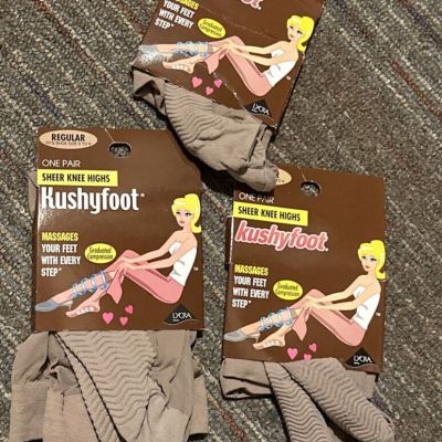 Kushyfoot Lot Of 3 Regular Support Knee Highs Nude Shoe Size 5-9 NEW