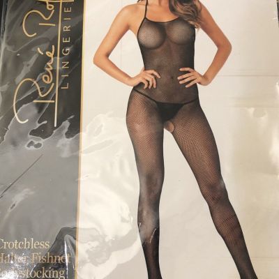 Rene Rofe Lingerie Crotchless Halter Fishnet Bodystocking One Size Black