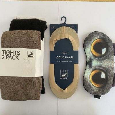 NWT H&M Brown/Black Tights, Cole Haan Comfort Liner Socks, Kitten Eye Mask S/M