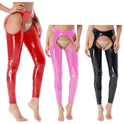 Woman PVC Leather Wet Look Thigh-High Leggings Suspender Pants Long Trousers