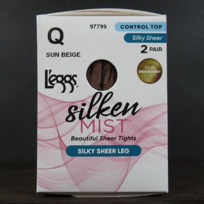 Leggs Silken Mist Pantyhose Tights Control Top Silky Sheer Q Sun Beige 2 Pack