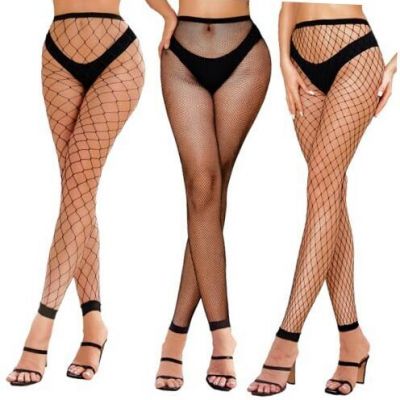 3 Pairs Women Footless Fishnet Stockings High Waist Tights 8+ One Size Black