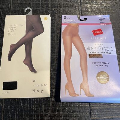 1 Pair Hanes Silky Ultra Sheer Control Top & 1 Pair A New Day Opaque Tights S/M