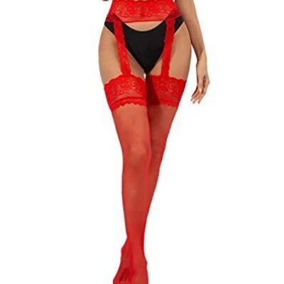 Women's Lingerie Garter Belt Stocking Lace Sexy Fishnet Thigh High Size Red