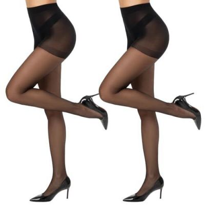 Run Resistant Control Top Pantyhose 15D High Waist Sheer Tights Medium Black