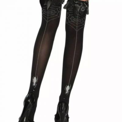 Fashion Stockings- Print Silver Spider Web Backseam w/Chiffon Ruffle & Satin Bow