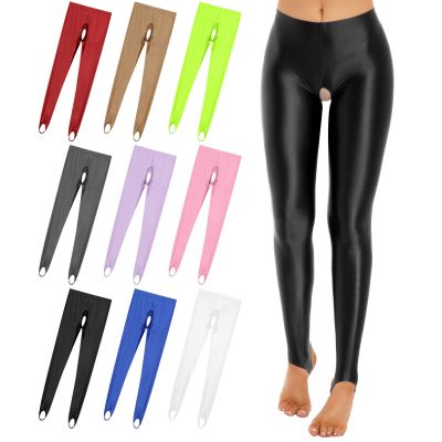 Women's Shiny Oil Mid Waist Stirrup Leggings Nylon Soild Color Hollow Out Pants