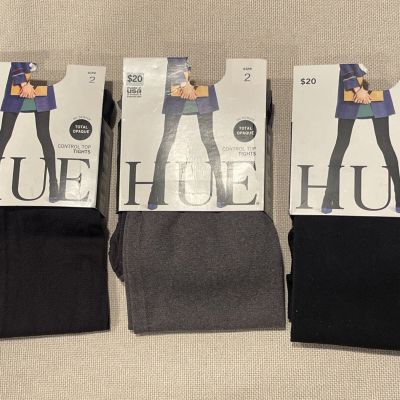 Hue Lot Of 3 Total Opaque Control Top Tights Size 2 Black Gray 90 Denier