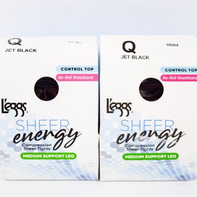 2 L'eggs Sheer Energy JET BLACK Control Top No Roll Waistband Medium Leg Tight Q