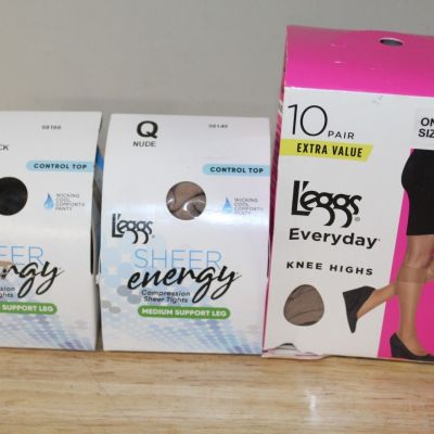 Leggs Sheer Energy Control Top Tights Q Jet Black & Nude with 10 Pair Knee Highs