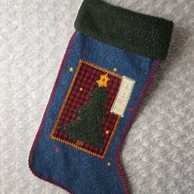 Vtg Denim 3D Patchwork Christmas Tree Stocking Primitive Home Folk Christmas