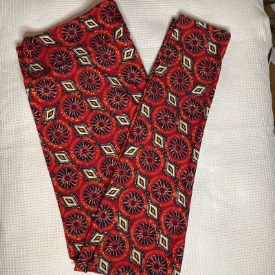 New Woman’s LuLaRoe Dark Red Navy Bone Orange Diamond Geo Pattern Leggings TC