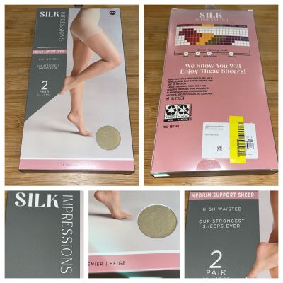 NEW Silk Impressions Pantyhose XXL Beige 2-Pack Medium Support Sheer High Waist