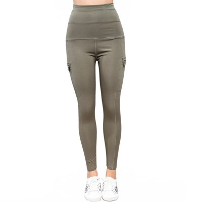 Women's High-Waisted Cargo Leggings - Olive Green - Workout Pants with Side Pock