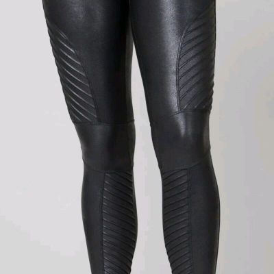 SPANX Faux Leather Moto Leggings  Black Shiny Coated Shaping Slim Fit Small