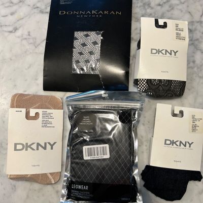 Lot 5 Pr DKNY Donna Karan Tights Black Tan Fishnet Crochet NEW Small/Medium S/M