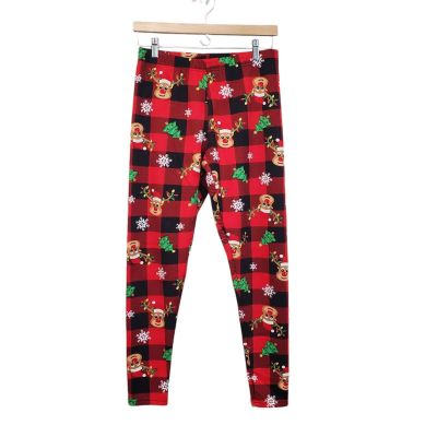 Christmas Leggings Womens Juniors L 11/13 Fleece Lined Reindeer Red Plaid Trees