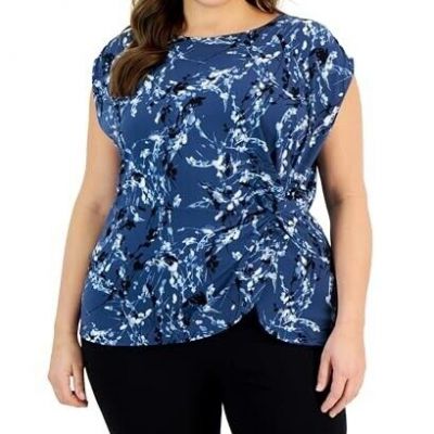 Alfani Plus Size Printed Side Knot Cap Sleeve Top Breeze Storm Star Sea 2X