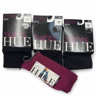 HUE 3 Pair Super Opaque Tights Womens Size 1 Black | FREE Pair Luster Rib Socks