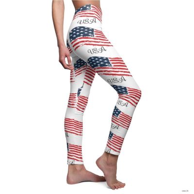 USA Flag Women's Cut & Sew Casual Leggings, Workout Tight Leggings