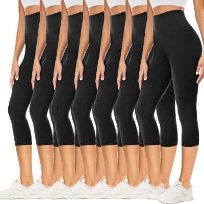 7 Pack Capri Leggings for Women, High Waisted Black Tummy Control Workout Yoga P