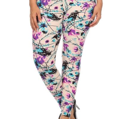 Plus Size Leggings Floral Print Full Length w/ Banded High Waist Polyester Blend