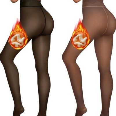 2 Pairs Women Fleece Lined Tights - Invisible Crotch Warm Fake Translucent High