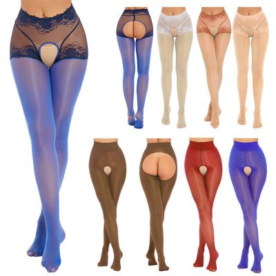 Women's Crotchless Silk Pantyhose Lace Patchwork Stockings Elastic Sheer Tights