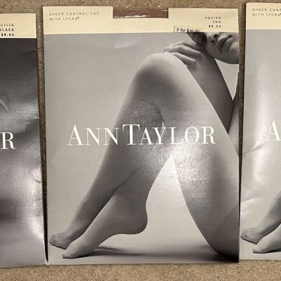 Lot 3 ANN TAYLOR Pantyhose Sheer/Control Top Lycra PETITE Champagne, Black + Tan