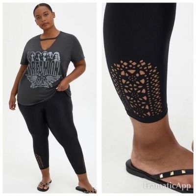 Torrid Size 2x Black Crop Leggings Liquid Look Lazer Cutout Detail