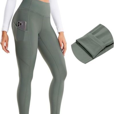 CRZ YOGA Fleece Lined Soft Womens Leggings 26.5 In Pockets Pants Grey Sage XL