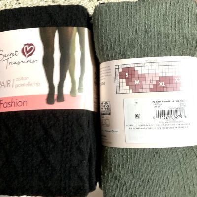 SECRET TREASURES - NEW - SMALL - 2 PAIR PACK BLACK & OLIVE COTTON FASHION TIGHTS